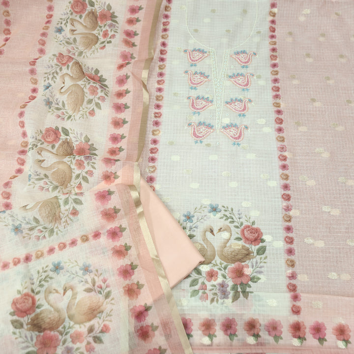 Shefali Pastel Peach Bird Style Moti Work in Panel Floral Printed Kota Doriya Suit Set