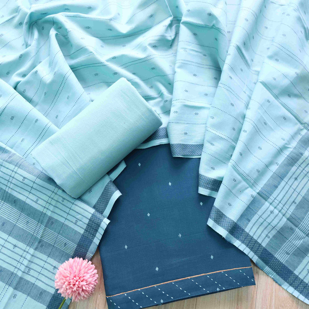 Madhubala Air Force Blue Thread Weaved Handloom Cotton Suit Set