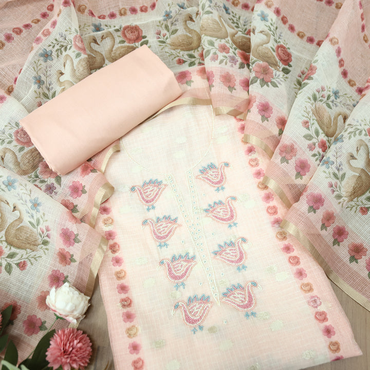 Shefali Pastel Peach Bird Style Moti Work in Panel Floral Printed Kota Doriya Suit Set