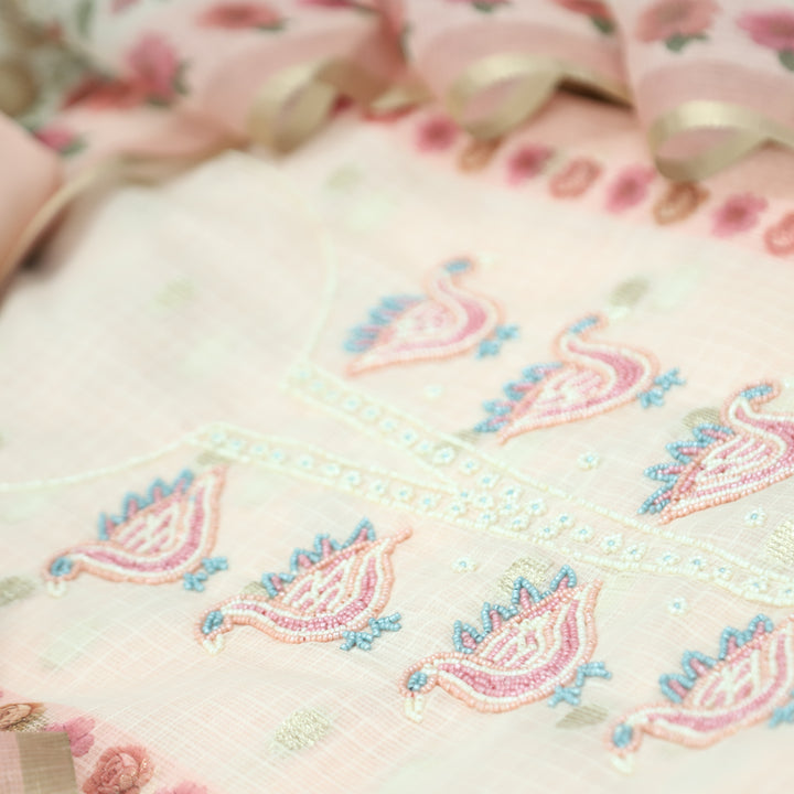Shefali Pastel Peach Bird Style Moti Work in Panel Floral Printed Kota Doriya Suit Set