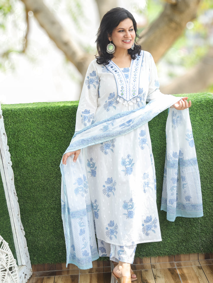 Sophia White Blue Mirror Work Cotton 3 Piece Set
