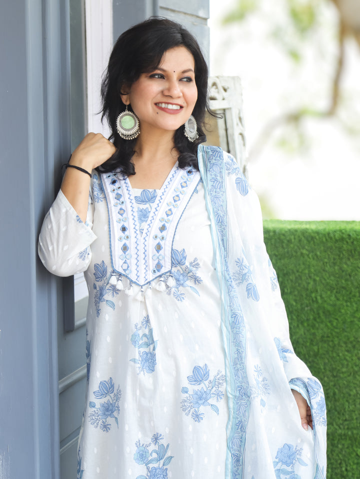 Sophia White Blue Mirror Work Cotton 3 Piece Set