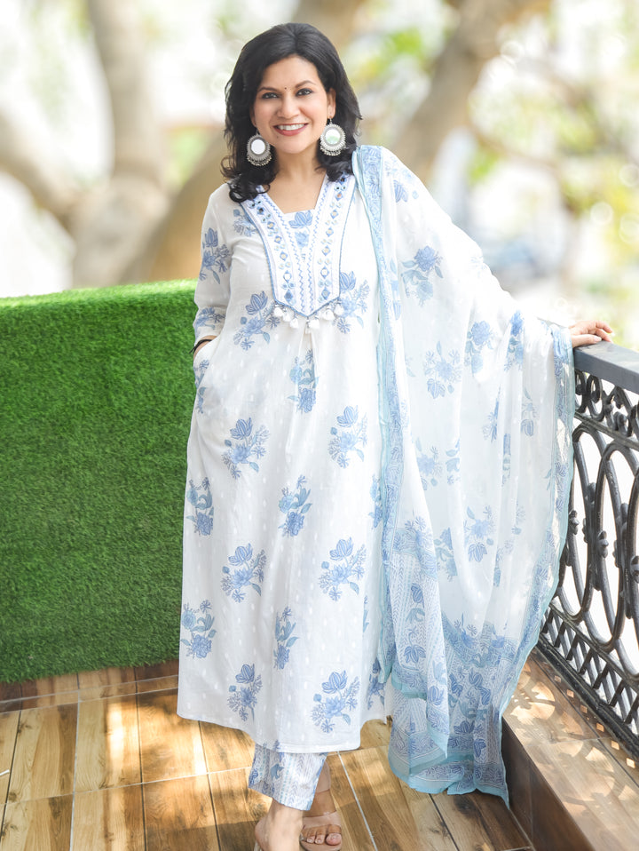 Sophia White Blue Mirror Work Cotton 3 Piece Set