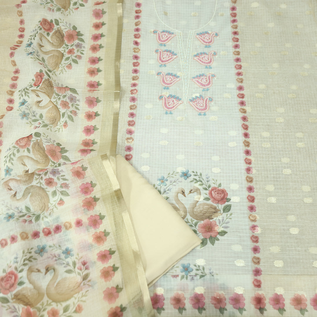 Shefali Butter Yellow Bird Style Moti Work in Panel Floral Printed Kota Doriya Suit Set