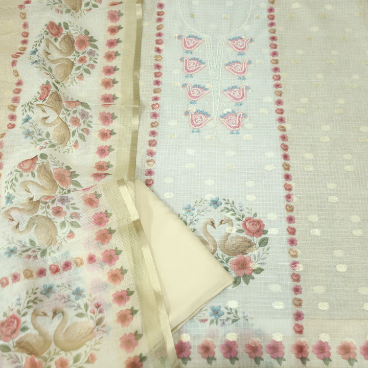 Shefali Butter Yellow Bird Style Moti Work in Panel Floral Printed Kota Doriya Suit Set