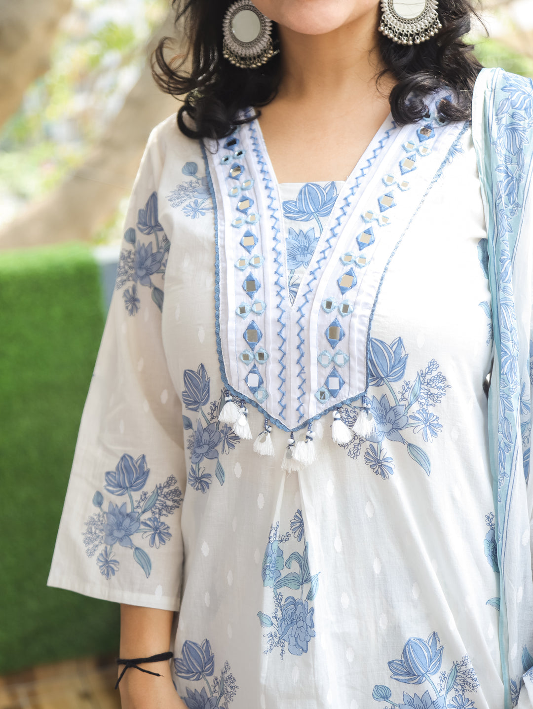 Sophia White Blue Mirror Work Cotton 3 Piece Set