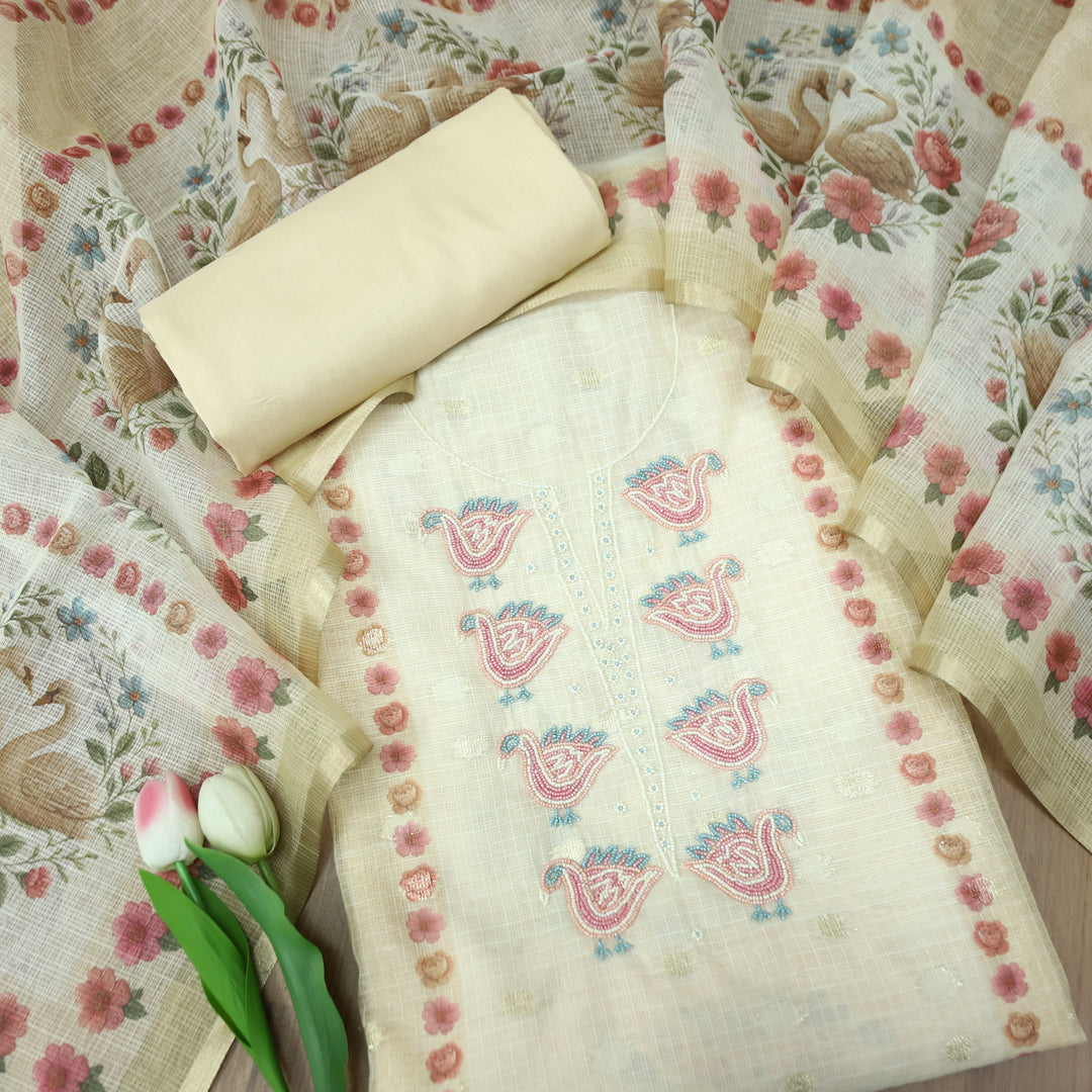 Shefali Butter Yellow Bird Style Moti Work in Panel Floral Printed Kota Doriya Suit Set