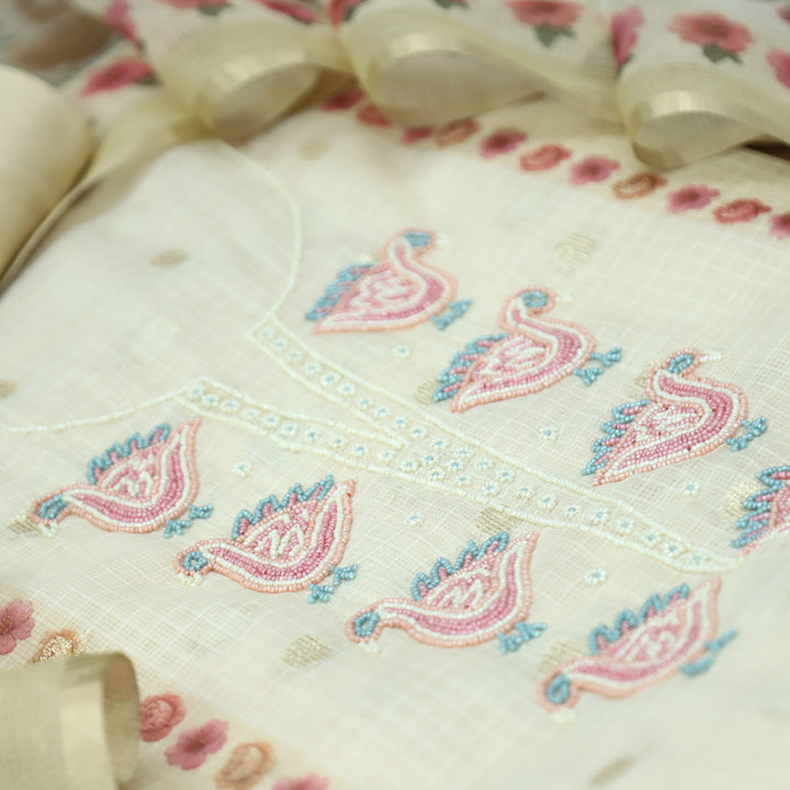 Shefali Butter Yellow Bird Style Moti Work in Panel Floral Printed Kota Doriya Suit Set