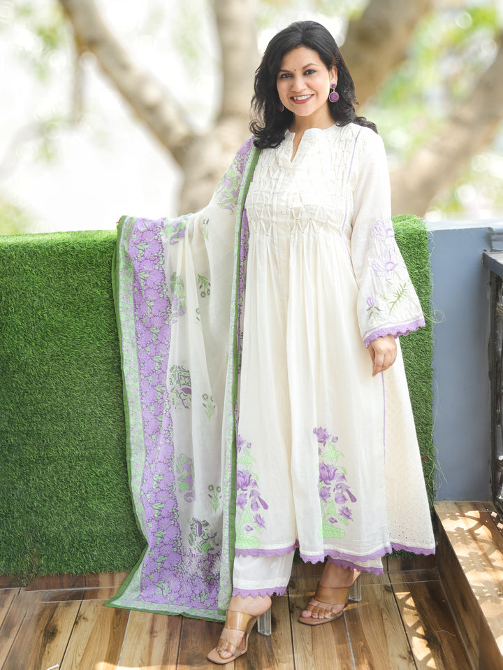 Noor Shell Beige Purple Pintuck Mul Cotton 3 Piece Set
