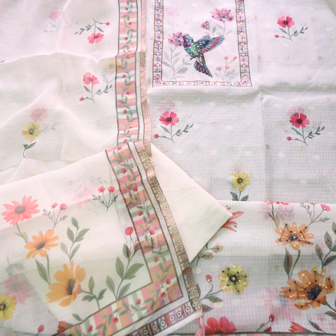 Dristhi Milk Cream French Knot Work in Digital Bird Printed Work Kota Doriya Set