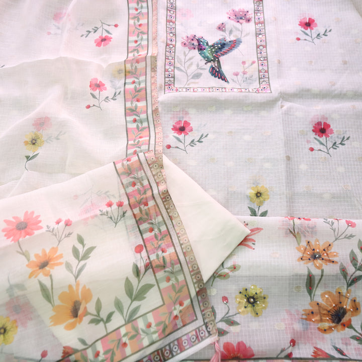 Dristhi Milk Cream French Knot Work in Digital Bird Printed Work Kota Doriya Set