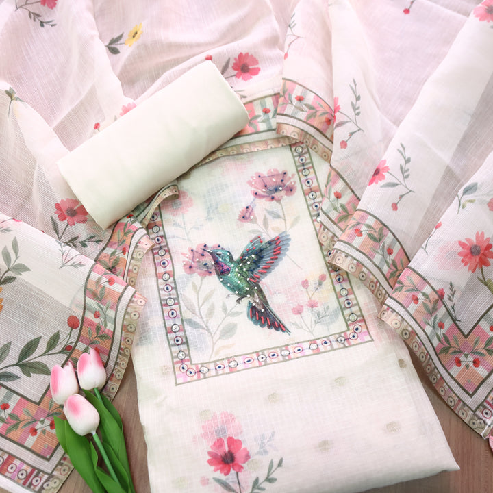 Dristhi Milk Cream French Knot Work in Digital Bird Printed Work Kota Doriya Set