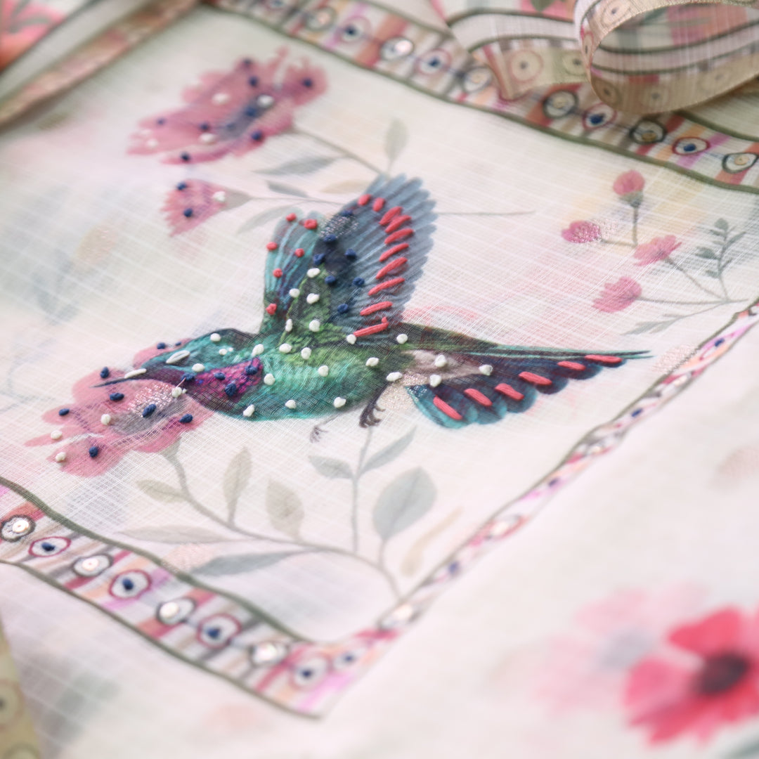 Dristhi Milk Cream French Knot Work in Digital Bird Printed Work Kota Doriya Set