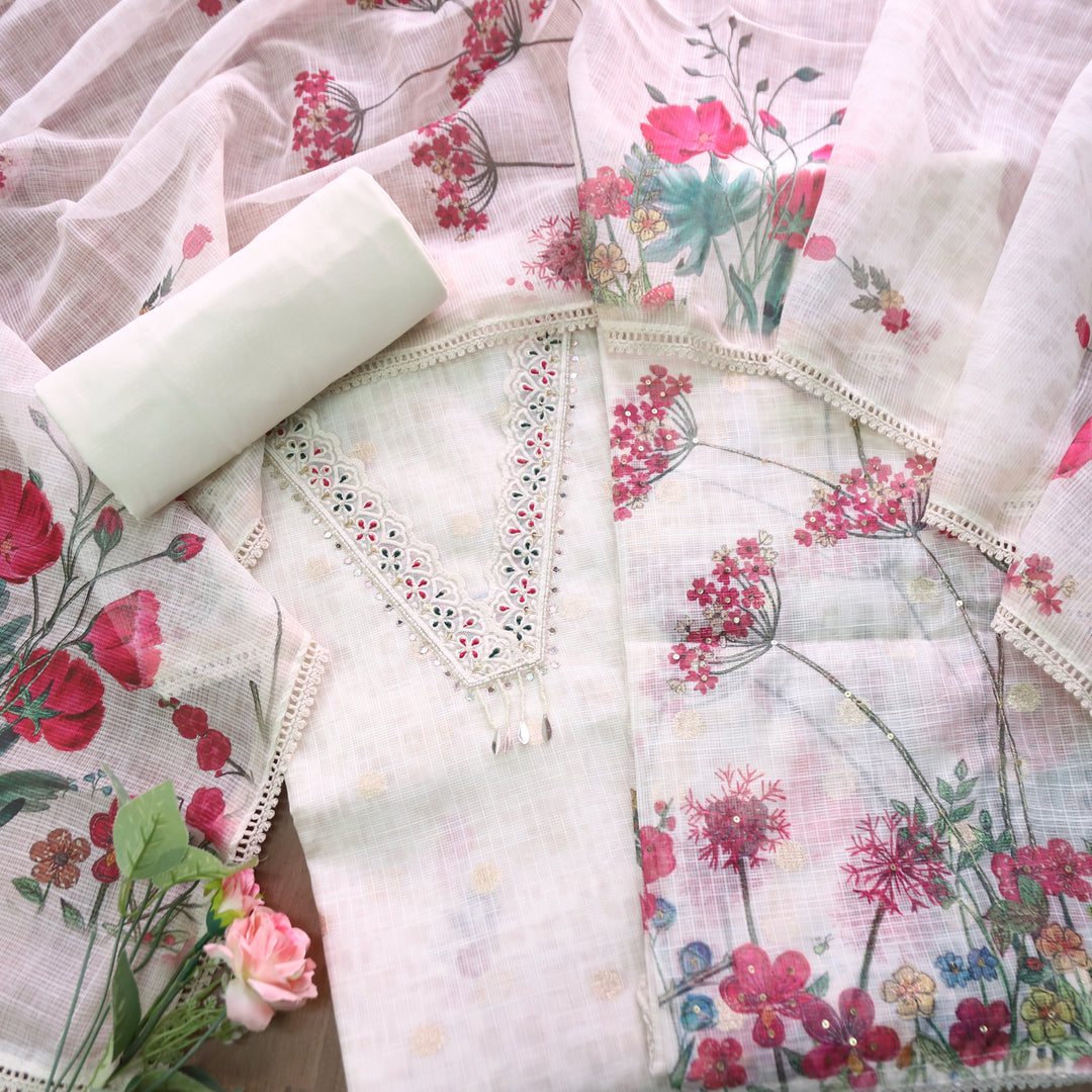 Sahiba Buttermilk White V Neck with Moti and Kardana Work Floral Print Kota Doriya Set