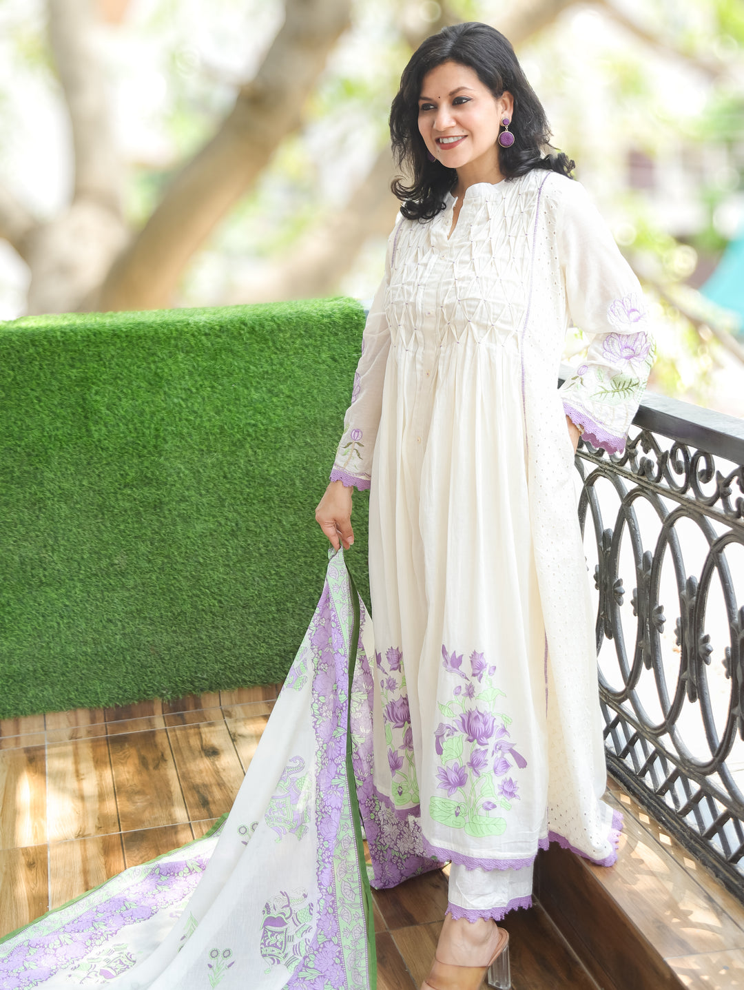 Noor Shell Beige Purple Pintuck Mul Cotton 3 Piece Set