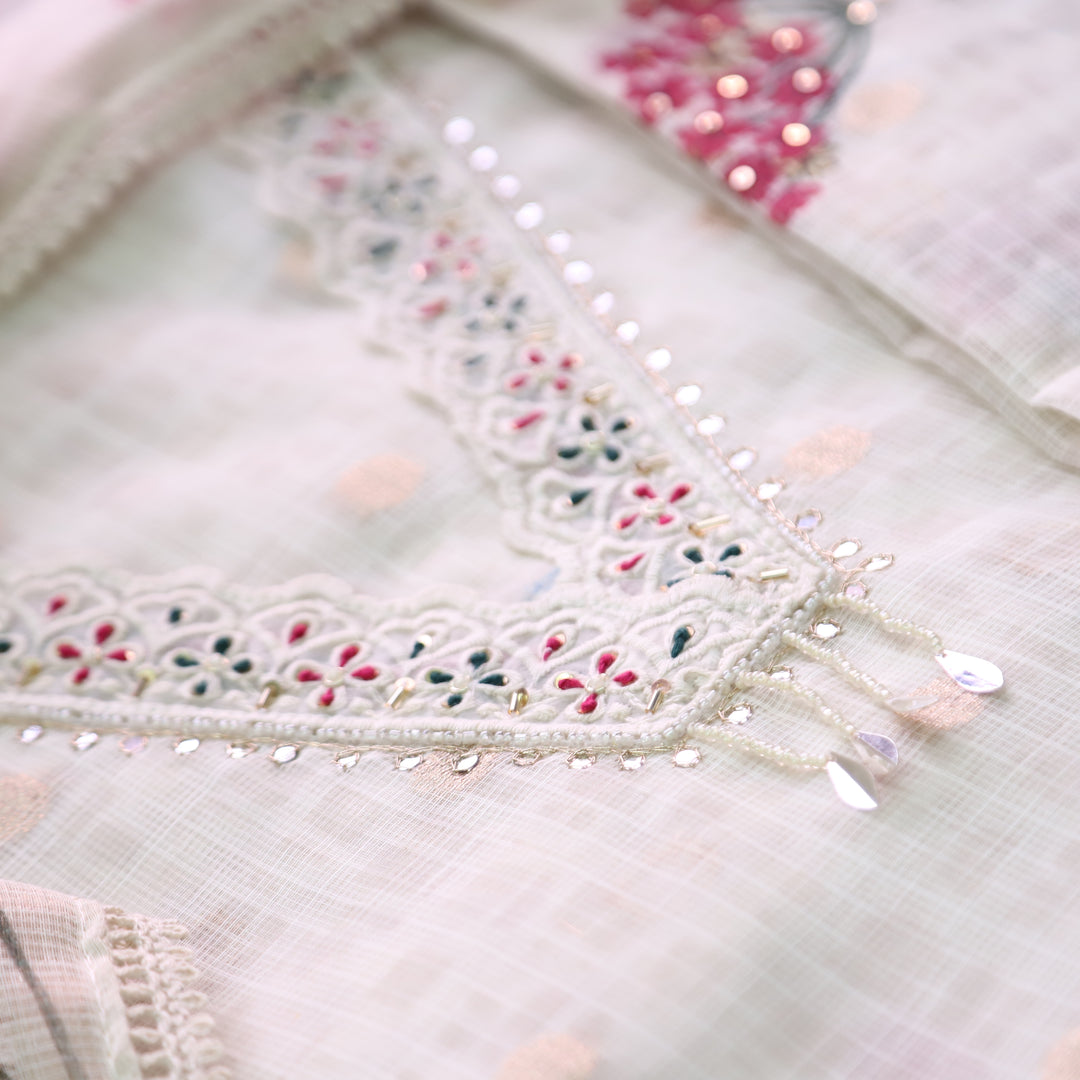 Sahiba Buttermilk White V Neck with Moti and Kardana Work Floral Print Kota Doriya Set
