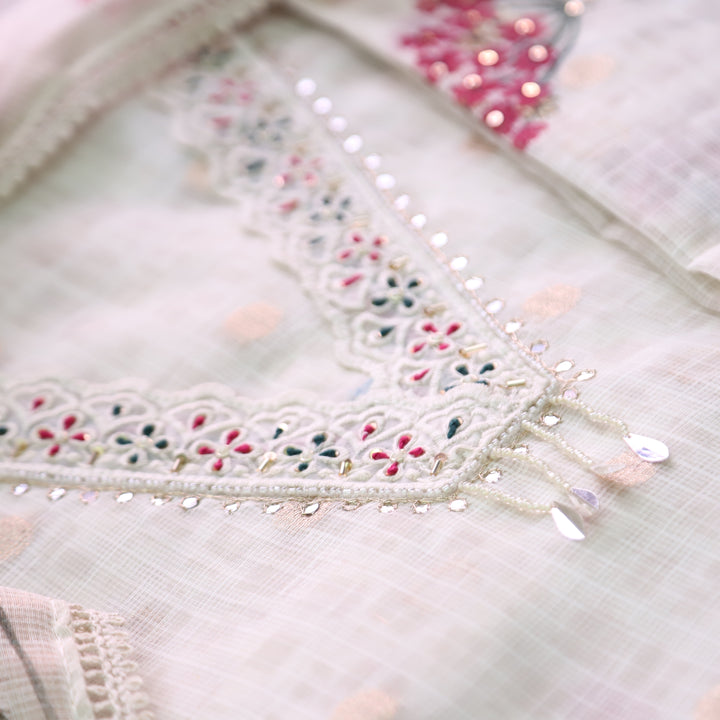 Sahiba Buttermilk White V Neck with Moti and Kardana Work Floral Print Kota Doriya Set
