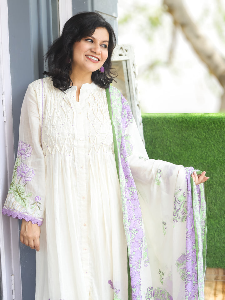 Noor Shell Beige Purple Pintuck Mul Cotton 3 Piece Set