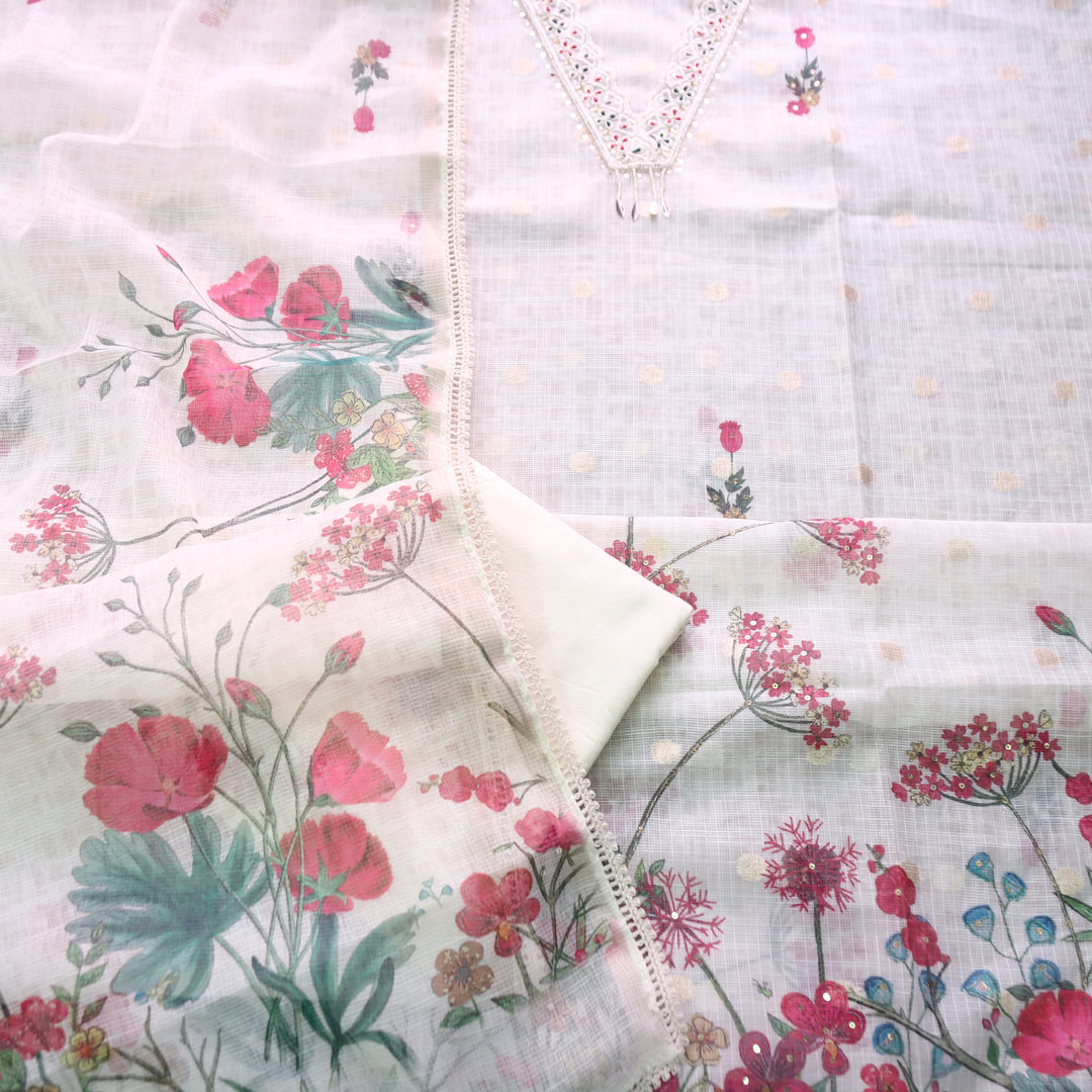 Sahiba Buttermilk White V Neck with Moti and Kardana Work Floral Print Kota Doriya Set