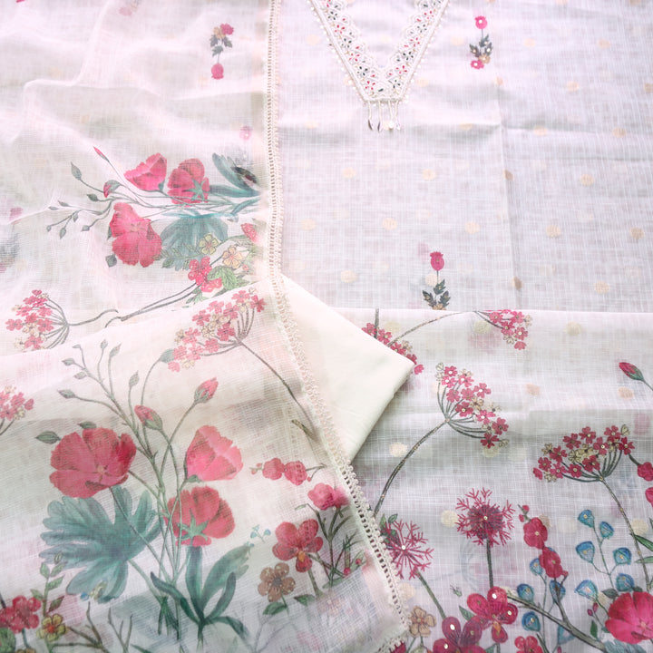 Sahiba Buttermilk White V Neck with Moti and Kardana Work Floral Print Kota Doriya Set