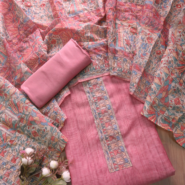 Ishqkiya Mauve Pink Madhubani Patch with Kantha Detailing Chanderi Suit Set
