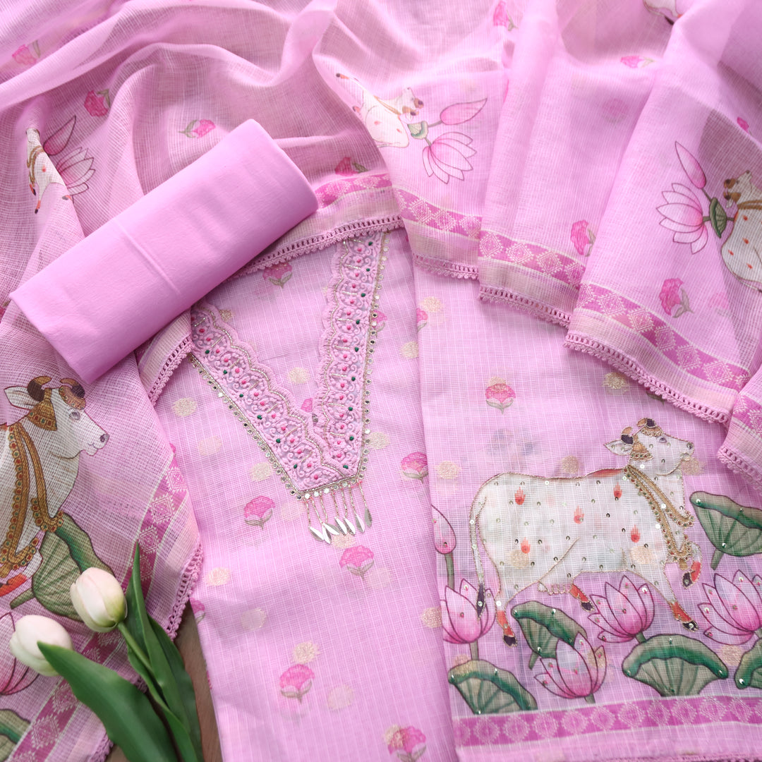 Sahiba Lilly Lilac V Neck with Moti and Kardana Work Pichwai Print Kota Doriya Set