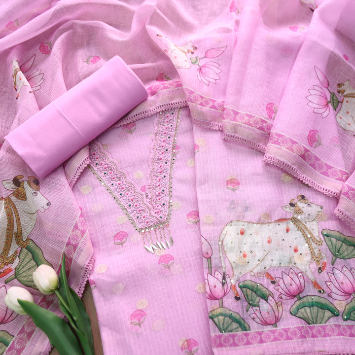 Sahiba Lilly Lilac V Neck with Moti and Kardana Work Pichwai Print Kota Doriya Set