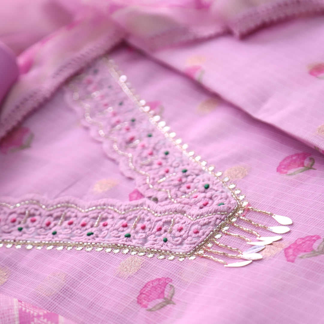 Sahiba Lilly Lilac V Neck with Moti and Kardana Work Pichwai Print Kota Doriya Set