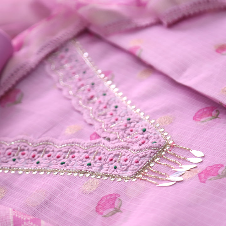 Sahiba Lilly Lilac V Neck with Moti and Kardana Work Pichwai Print Kota Doriya Set