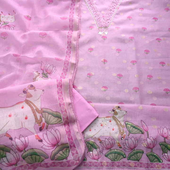 Sahiba Lilly Lilac V Neck with Moti and Kardana Work Pichwai Print Kota Doriya Set