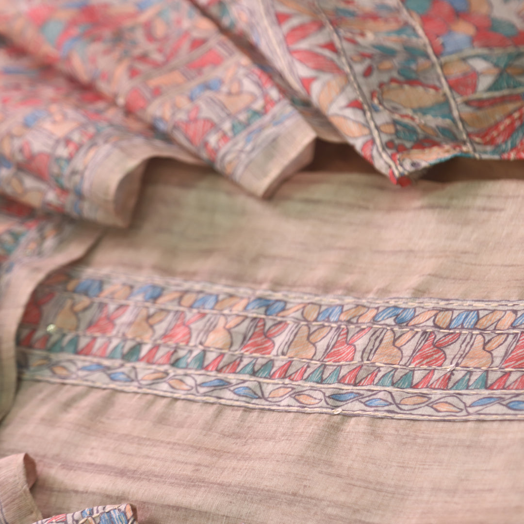 Ishqkiya Skin Beige Madhubani Patch with Kantha Detailing Chanderi Suit Set