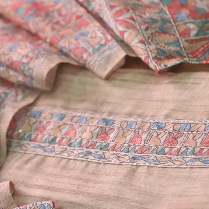 Ishqkiya Skin Beige Madhubani Patch with Kantha Detailing Chanderi Suit Set