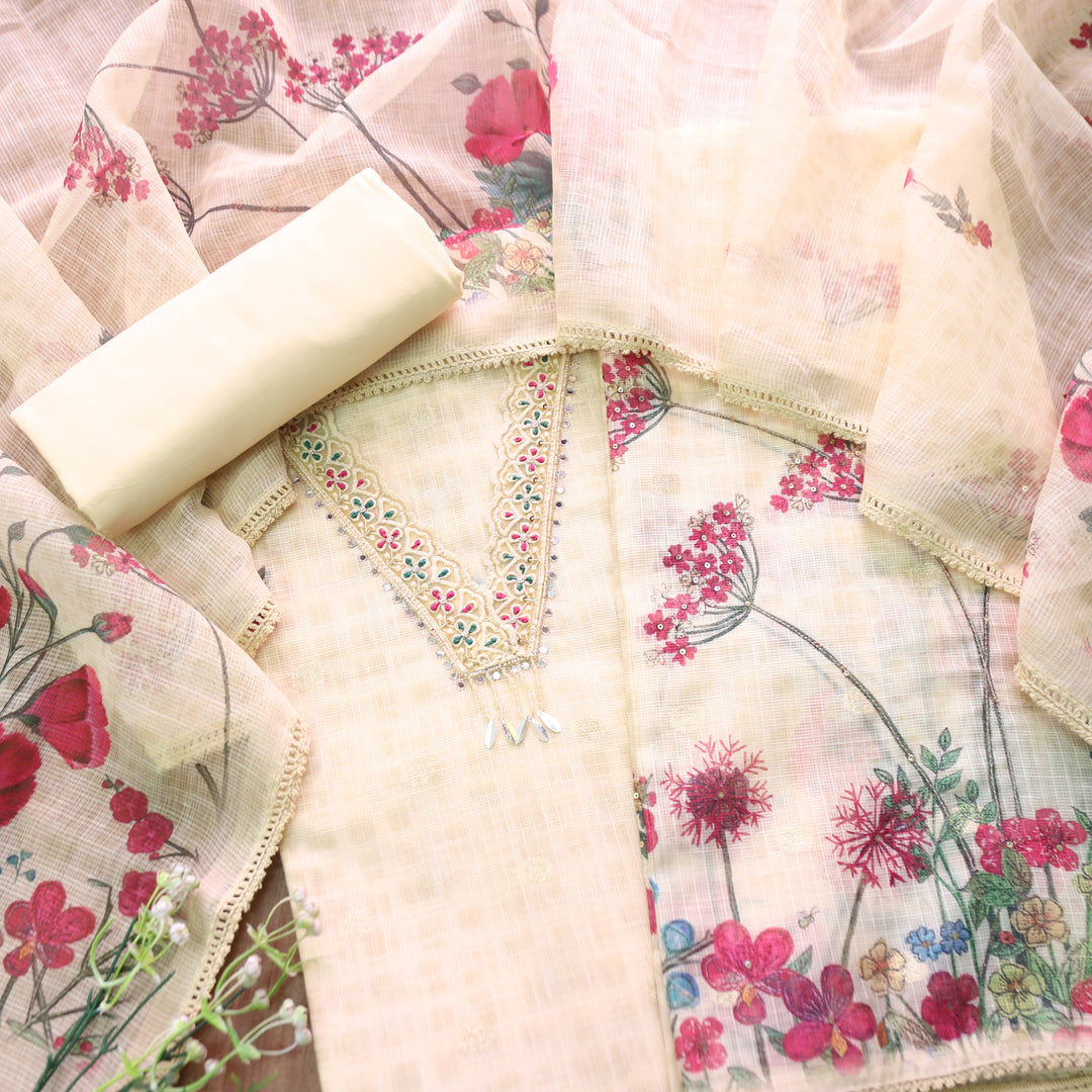 Sahiba Tulip Yellow V Neck with Moti and Kardana Work Floral Print Kota Doriya Set