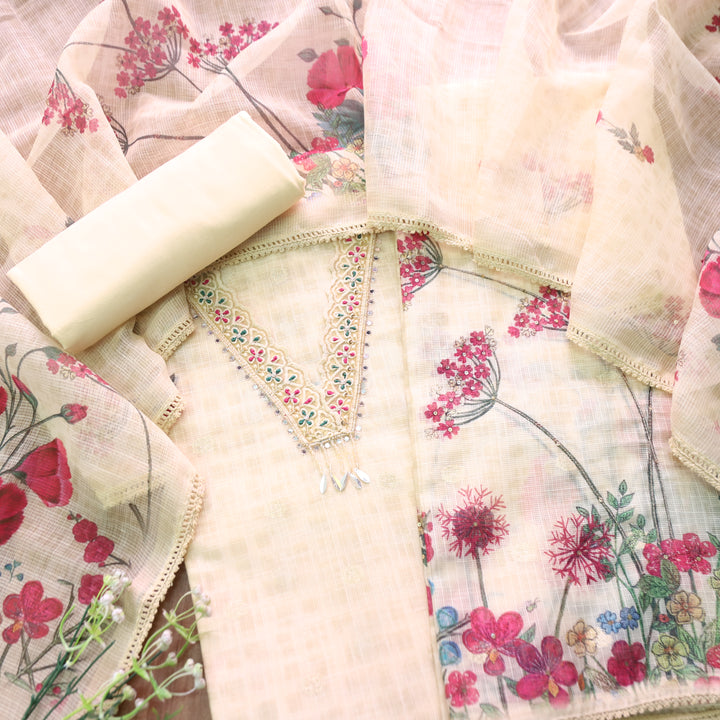 Sahiba Tulip Yellow V Neck with Moti and Kardana Work Floral Print Kota Doriya Set