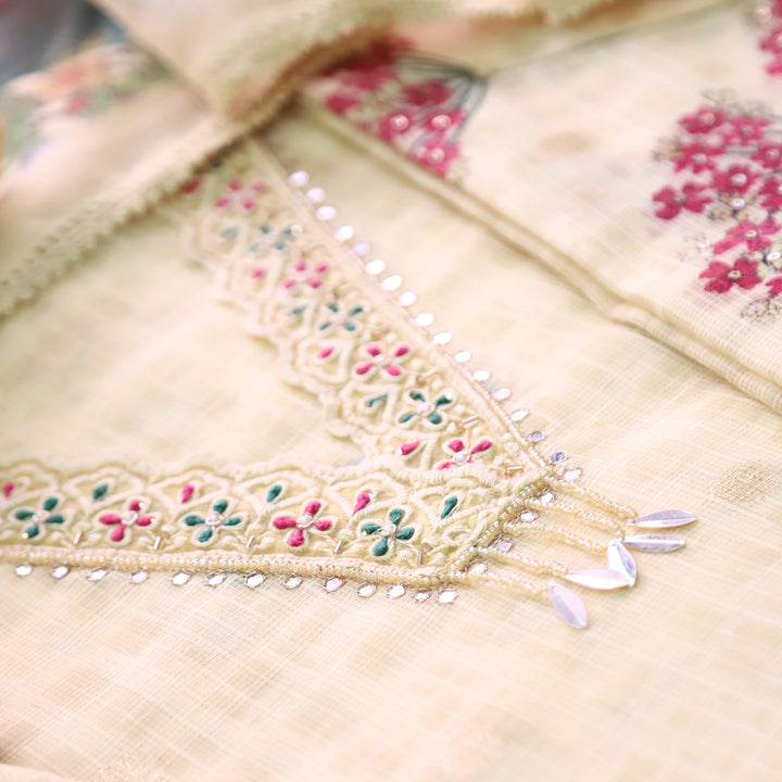 Sahiba Tulip Yellow V Neck with Moti and Kardana Work Floral Print Kota Doriya Set