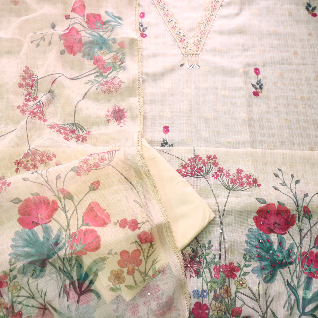 Sahiba Tulip Yellow V Neck with Moti and Kardana Work Floral Print Kota Doriya Set