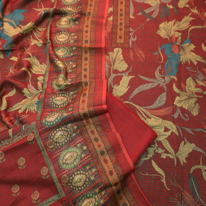 आस्था Berry Red Enriched with Digital Floral Printed Semi Pashmina Winter Set