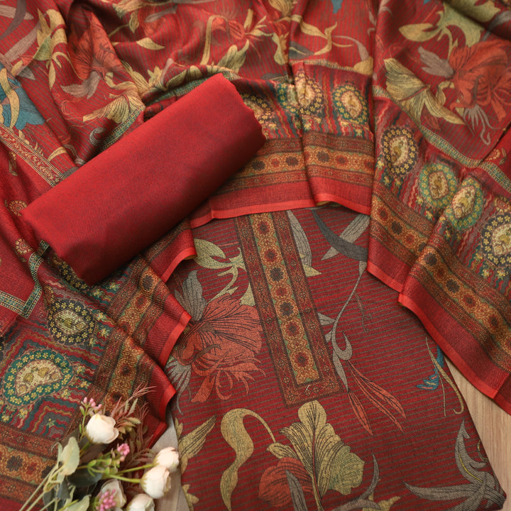 आस्था Berry Red Enriched with Digital Floral Printed Semi Pashmina Winter Set