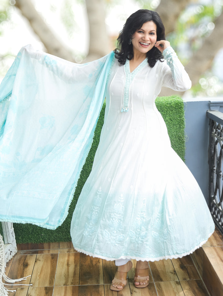 Sophia White Blue Mul Cotton Anarkali Set