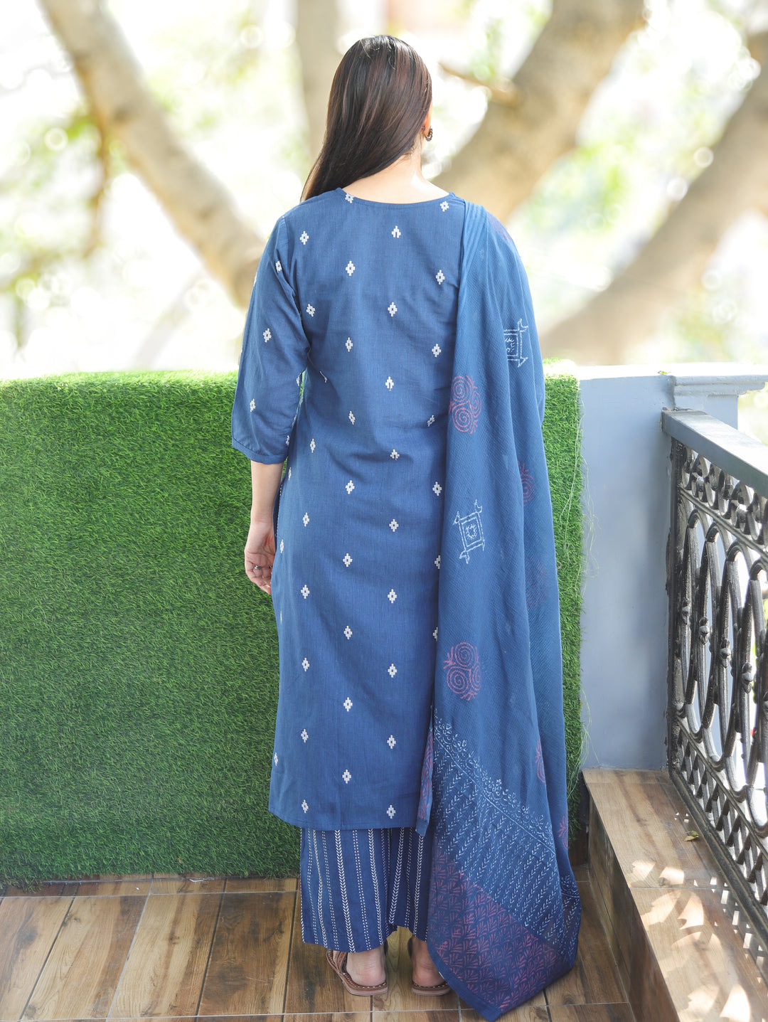 Sadka Denim Blue Thread Weaved Yoke with Mirror in Weaved South Cotton 3 Piece Set