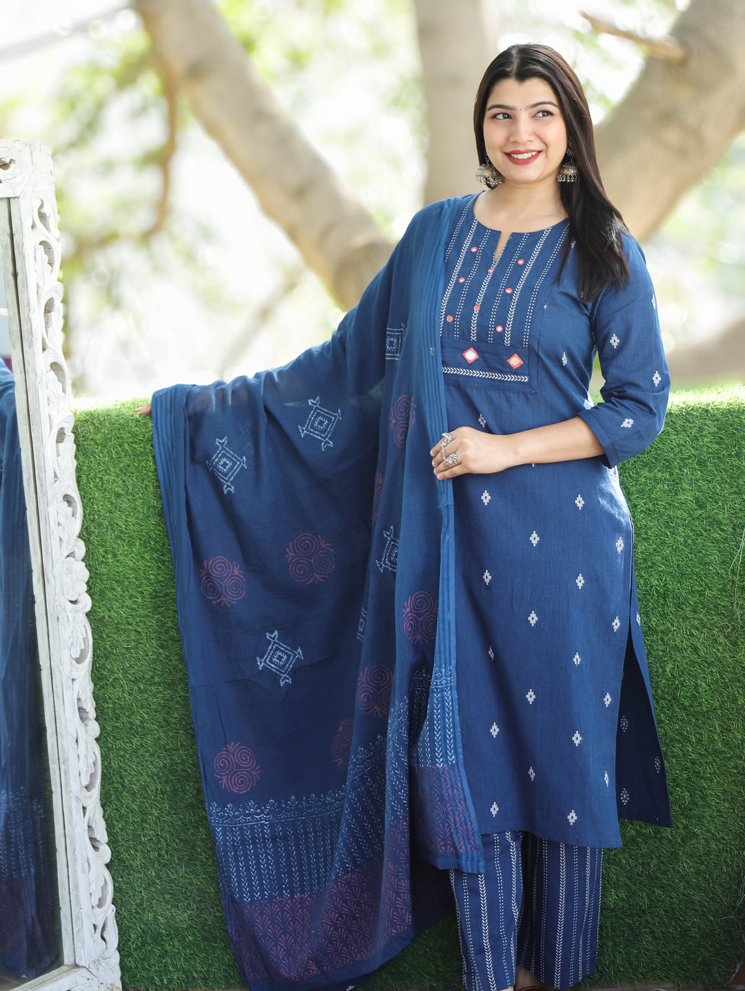 Sadka Denim Blue Thread Weaved Yoke with Mirror in Weaved South Cotton 3 Piece Set