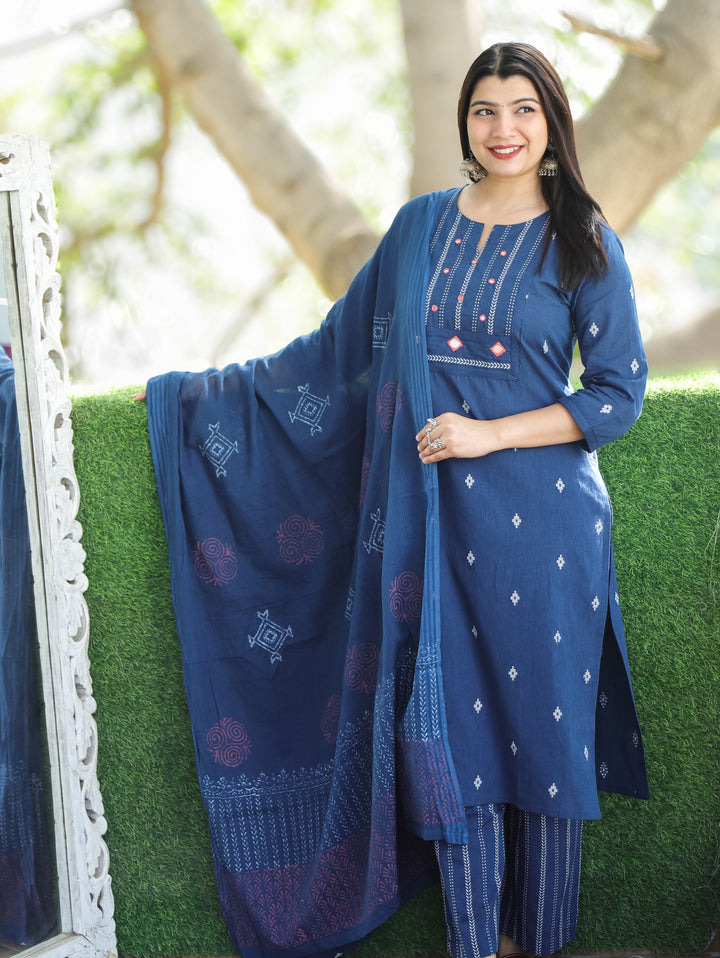 Sadka Denim Blue Thread Weaved Yoke with Mirror in Weaved South Cotton 3 Piece Set