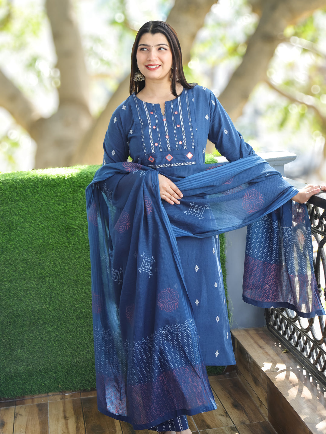 Sadka Denim Blue Thread Weaved Yoke with Mirror in Weaved South Cotton 3 Piece Set