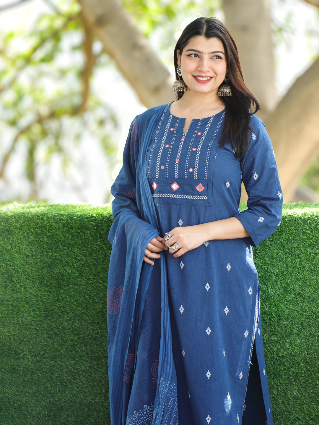 Sadka Denim Blue Thread Weaved Yoke with Mirror in Weaved South Cotton 3 Piece Set