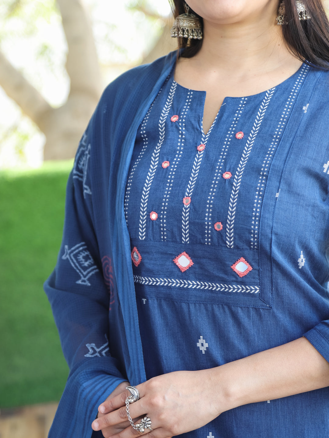 Sadka Denim Blue Thread Weaved Yoke with Mirror in Weaved South Cotton 3 Piece Set