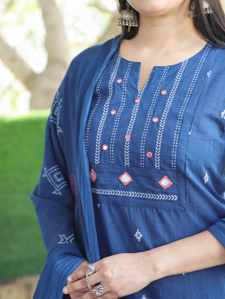 Sadka Denim Blue Thread Weaved Yoke with Mirror in Weaved South Cotton 3 Piece Set