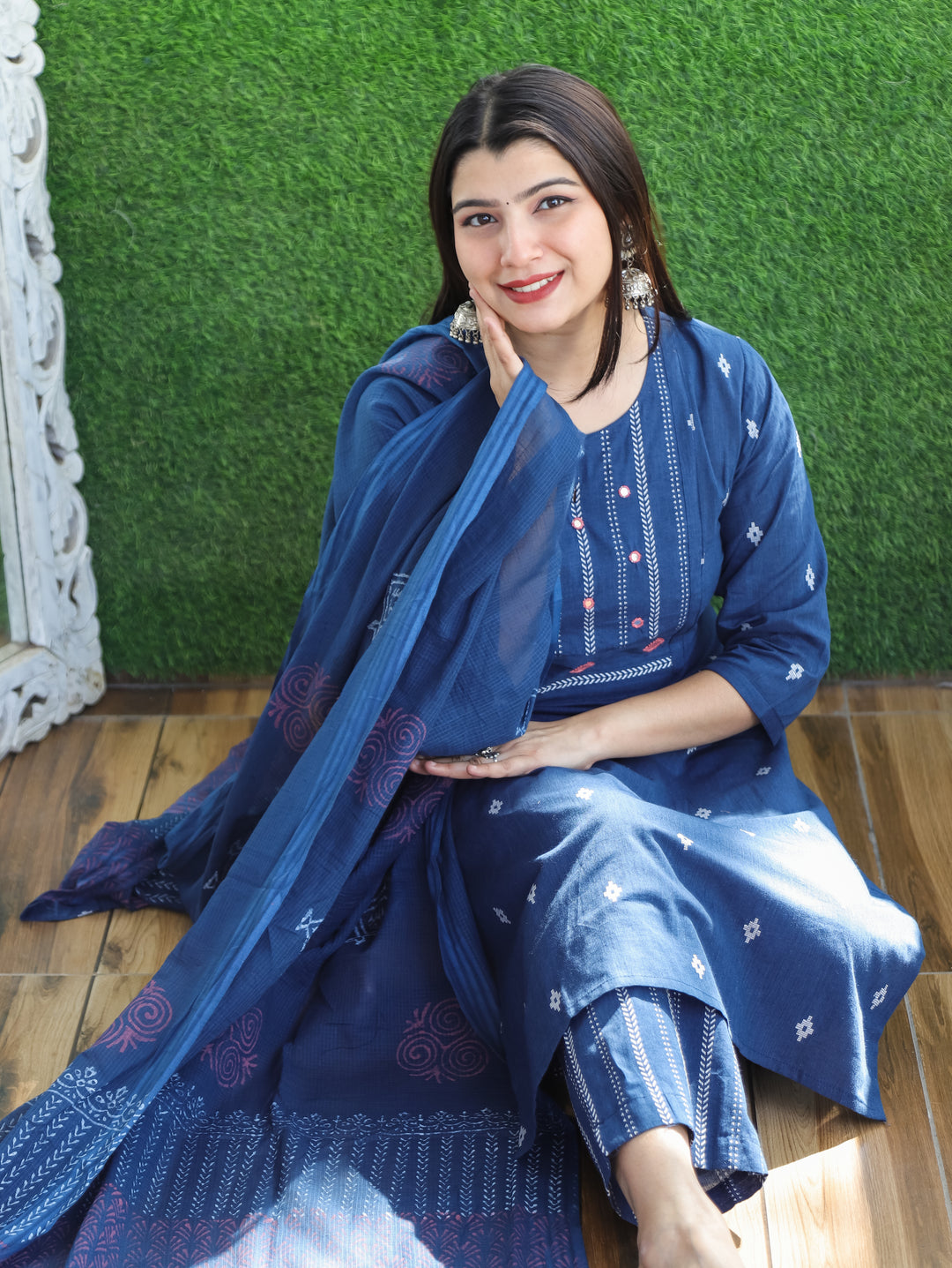 Sadka Denim Blue Thread Weaved Yoke with Mirror in Weaved South Cotton 3 Piece Set
