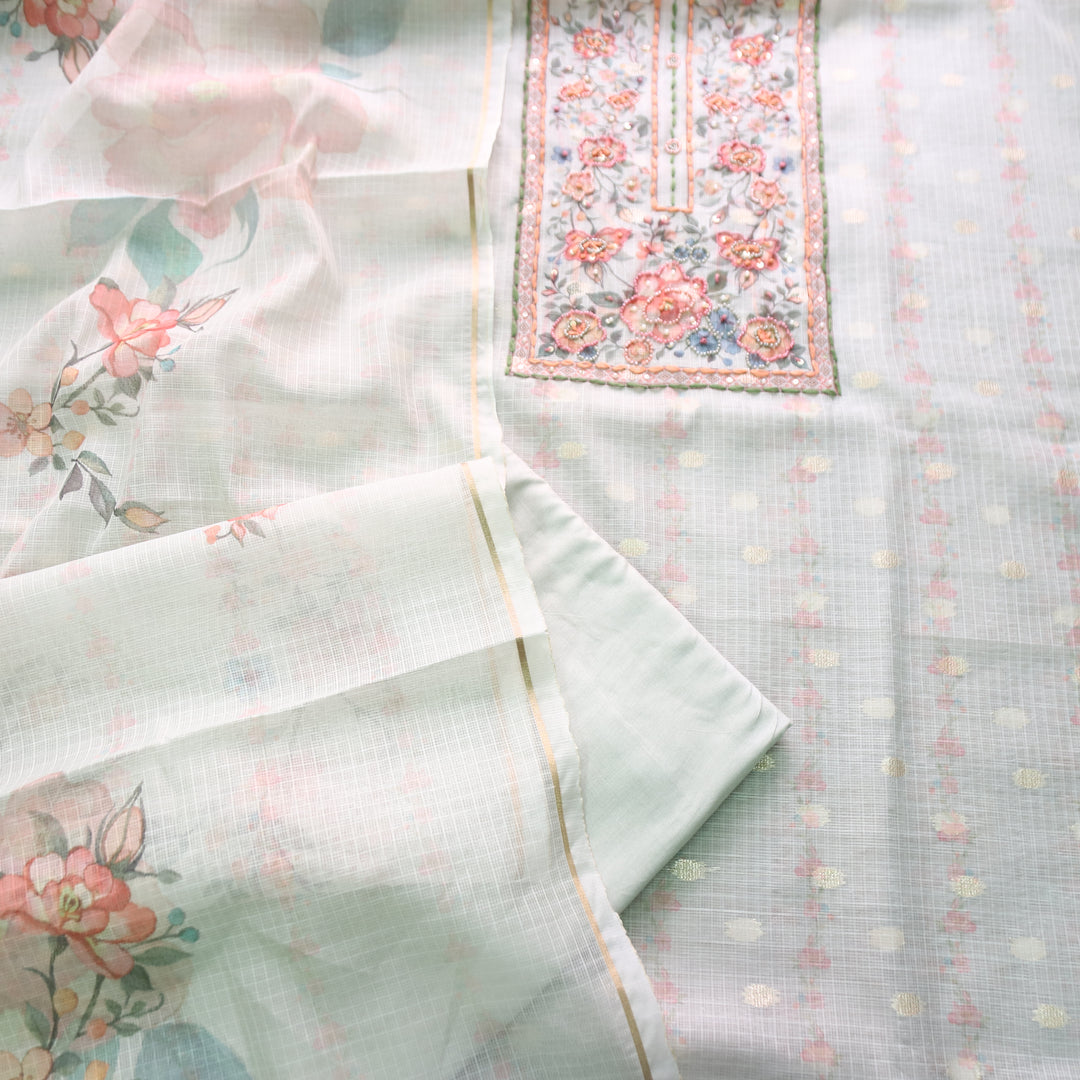 Shristhi Mint Green Moti with Thread Work Floral Printed Yoke  Kota Doriya Set