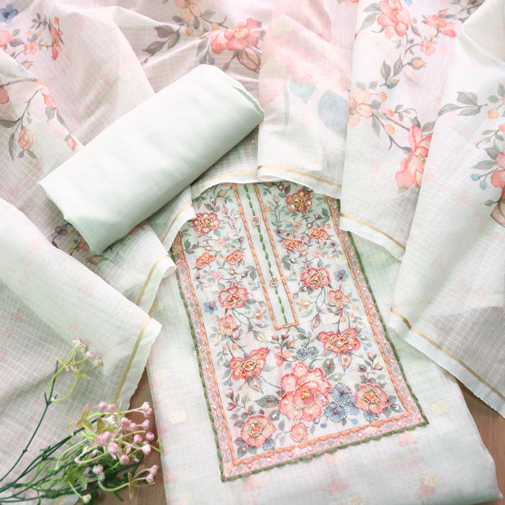 Shristhi Mint Green Moti with Thread Work Floral Printed Yoke  Kota Doriya Set