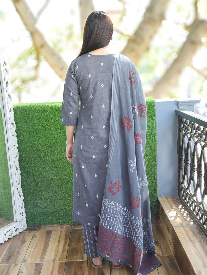 Sadka Slate Grey Thread Weaved Yoke with Mirror in Weaved South Cotton 3 Piece Set